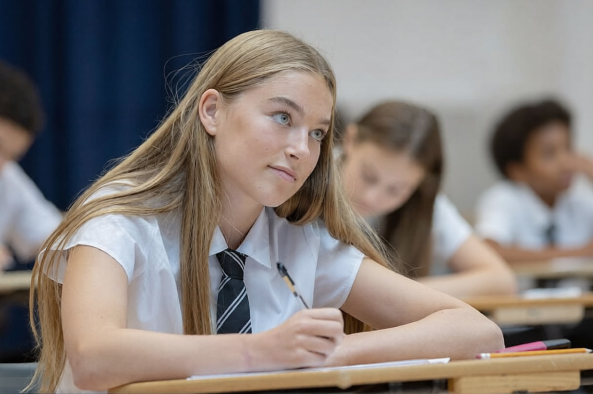 female high school student in a uniform looking up while writing at her desk during an exam