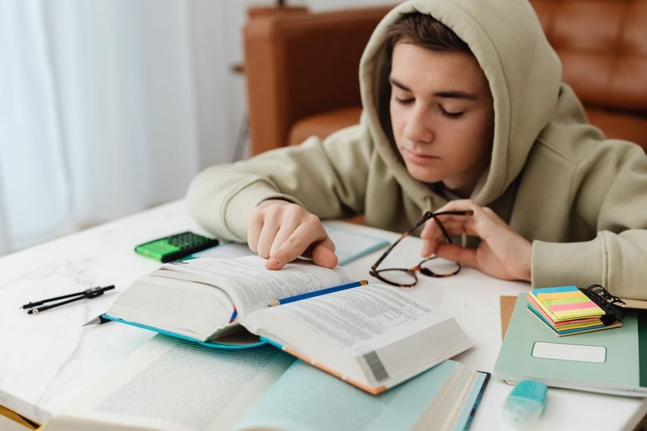 A Year 12 student working through HSC Mathematics Advanced practice questions at a study desk